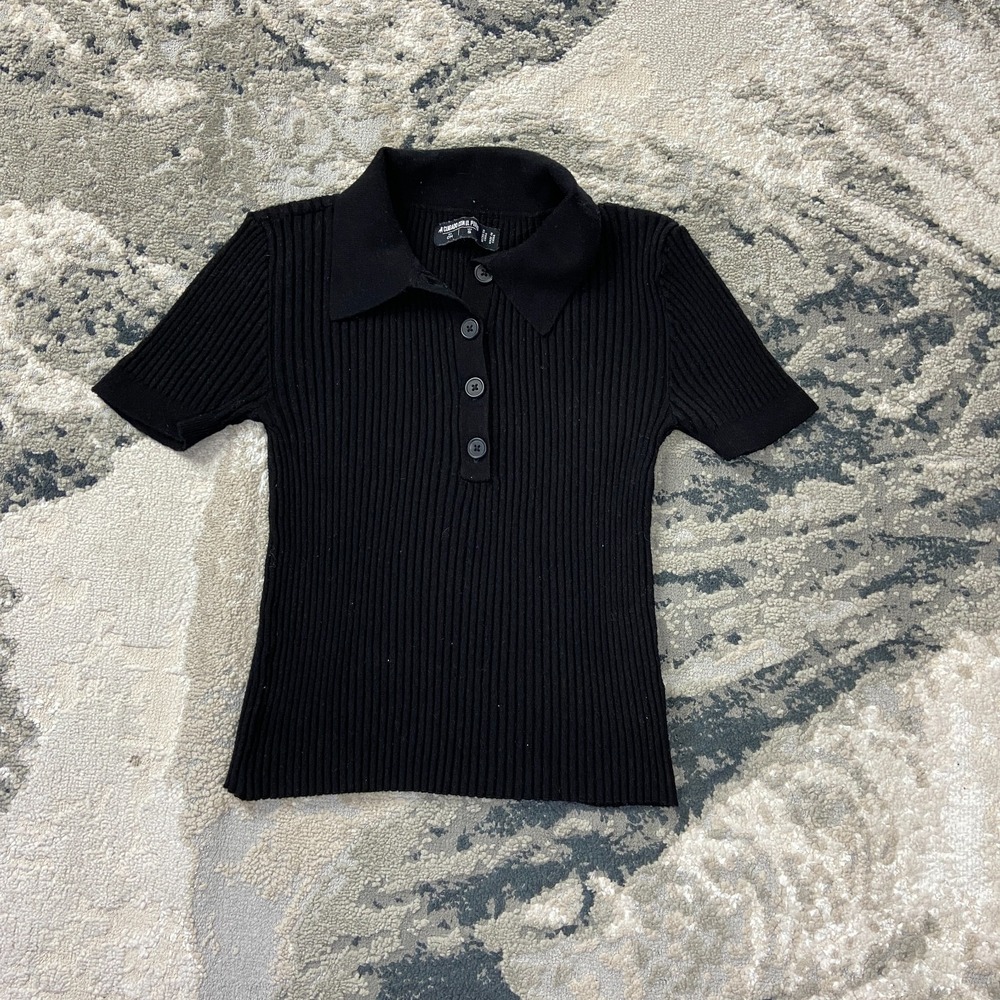 Cuidado Con El Perro Polo Shirt‎ Womens Small Black Ribbed Knit 4 Button Placket